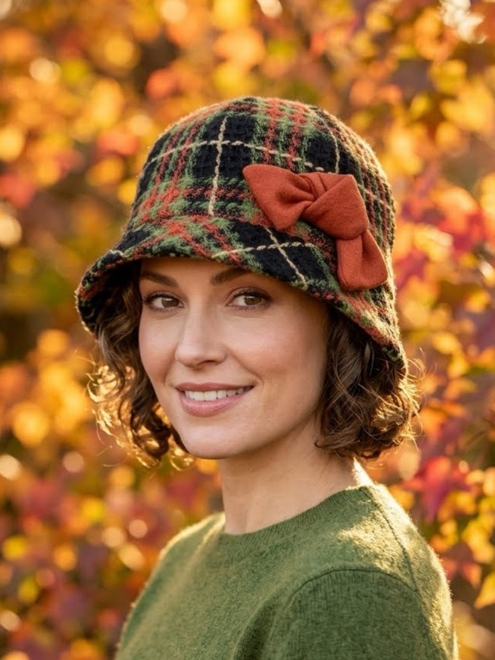 Kate Landry Orange Green Black Cream Plaid Lined Cloche Hat Bow Adorable